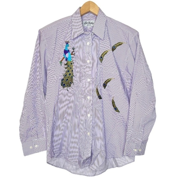 Vintage Tops - VTG striped peacock appliqué long sleeve button up shirt medium